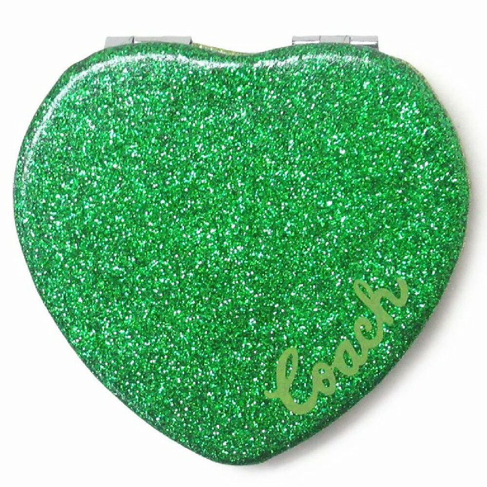 Coach Glitter Two Tone Green Heart Shaped Compact Mirror